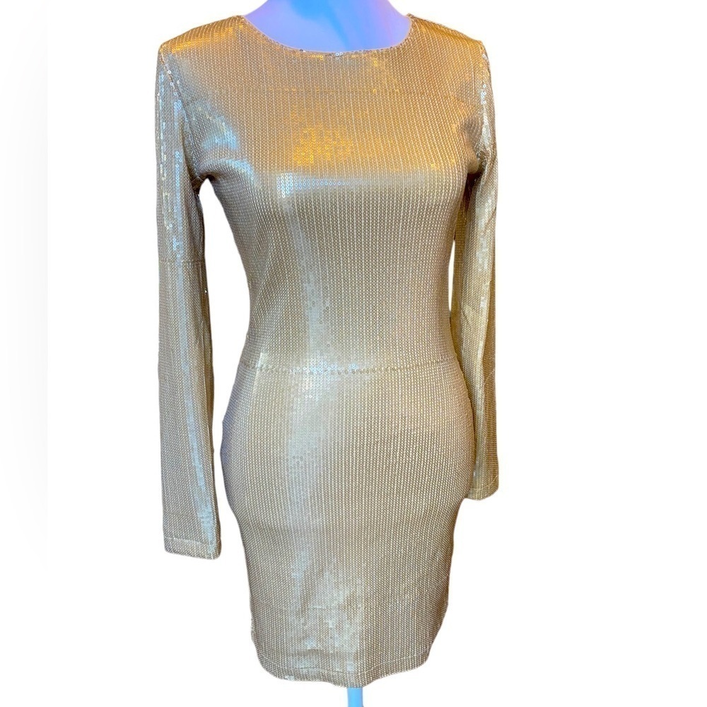 Forever 21 Dress‎ Sequins Gold Long Sleeve Mini Y2K New Years Eve 80s 90s